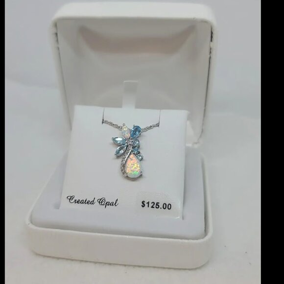 Sterling Silver Opal & Blue Topaz Cluster Pendant Necklace NWT $125 - Picture 1 of 8